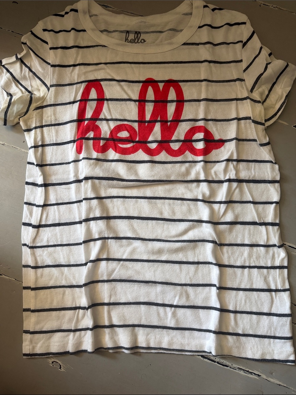 Hello Script Striped Short Sleeve Tee in White and Black with Red Script